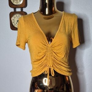 Yellow Ruched V-Neck Women's Top